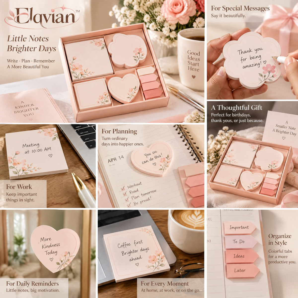 Elqvian™ Blush Floral Sticky Note Gift Set
