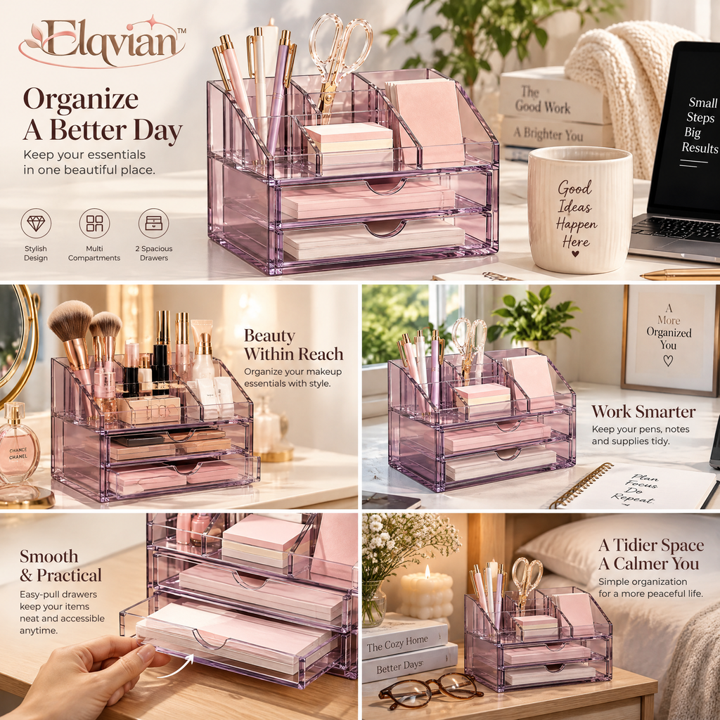 Elqvian™ Lavender Clear Multi-Compartment Desk Organizer