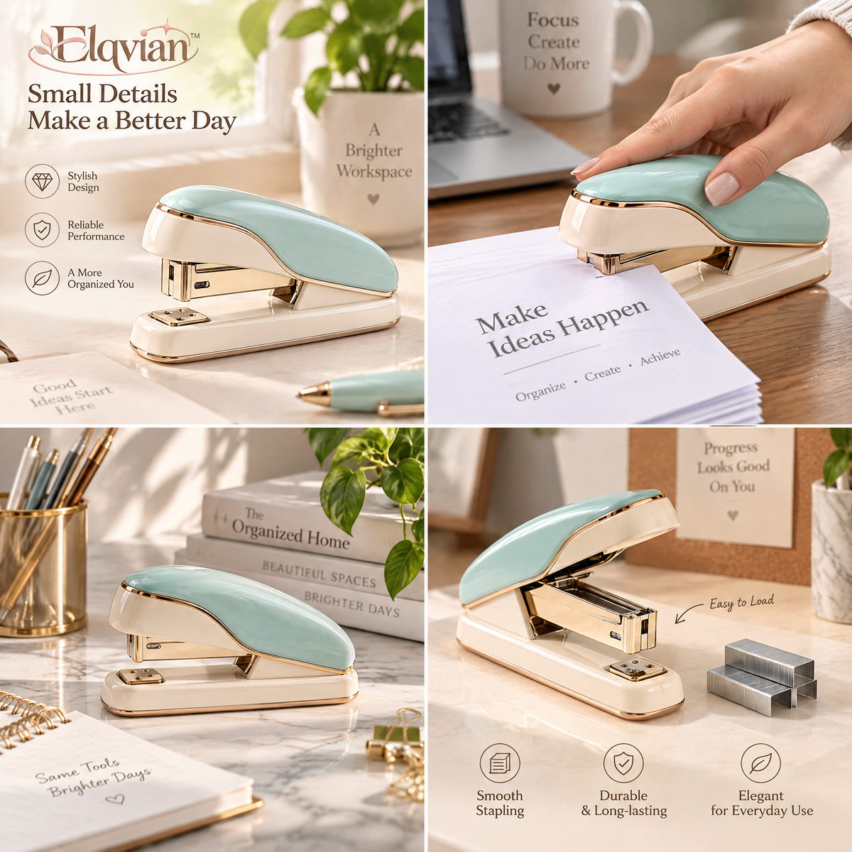Elqvian™ Mint & Ivory Rose-Gold Stapler