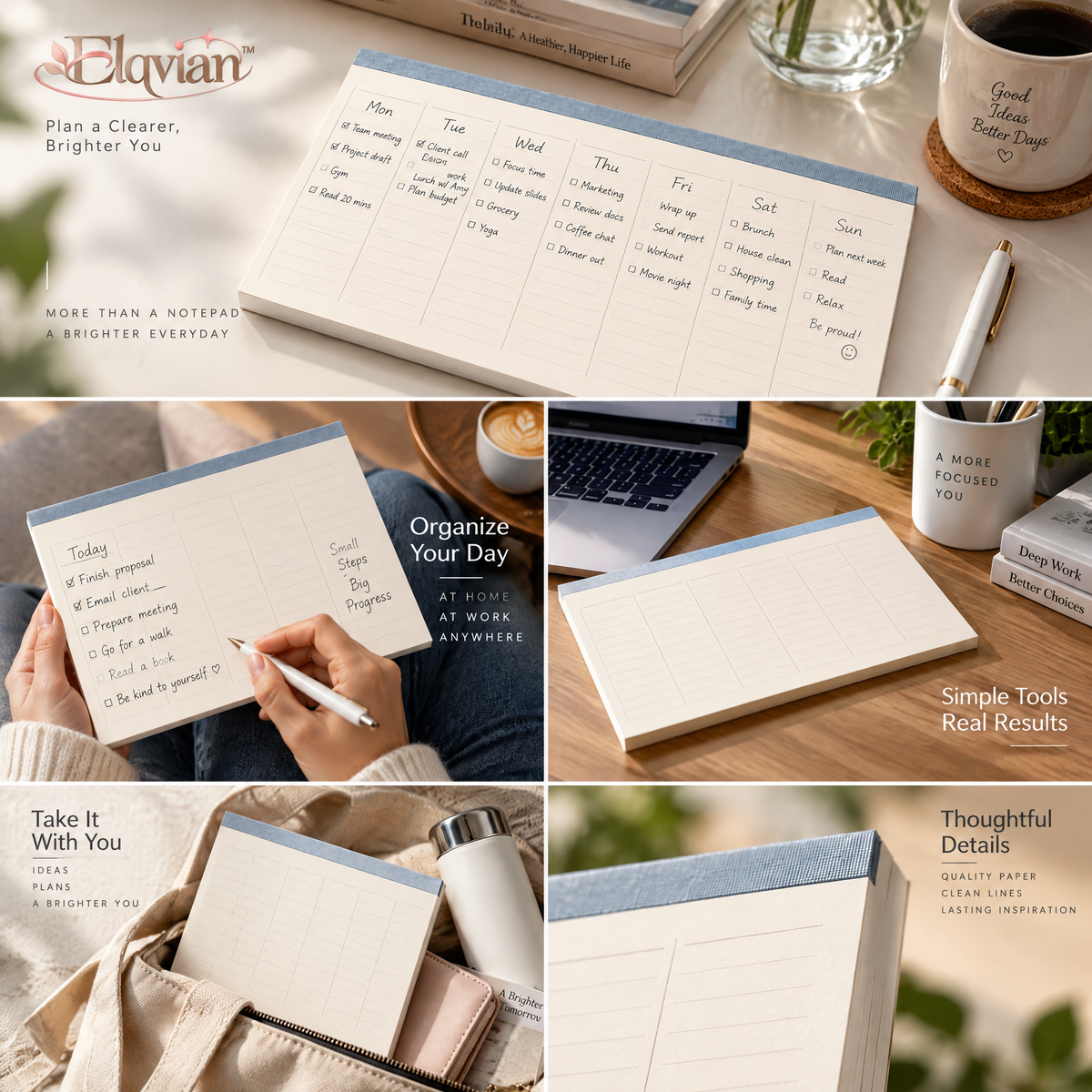 Elqvian™ Minimalist Weekly Desk Planner Pad